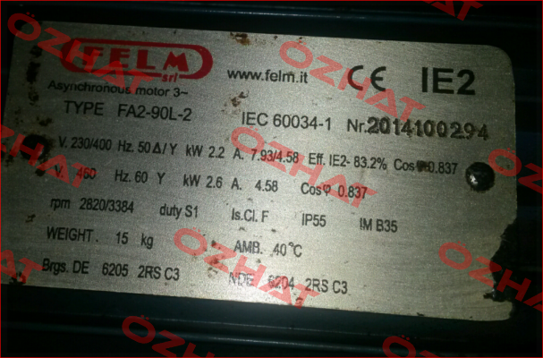 2014100294 - obsolete, replaced by - 2,2 kW, 2P, 230/400V/50Hz, IP55/IC411, F/B, IM B35, AL, IE2   Felm