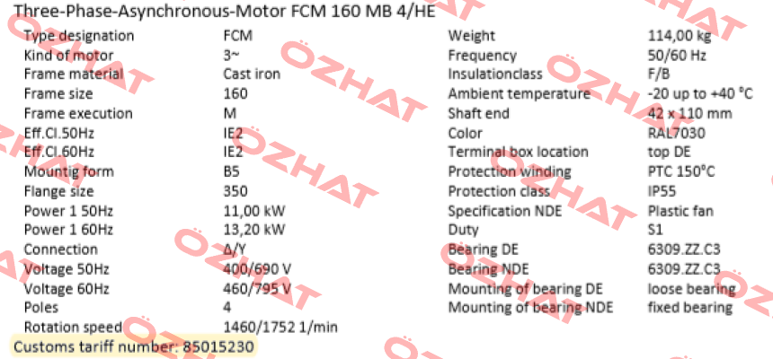 FCM 160 MB 4/HE  (IE2AC16MB400) ALTERNATIVES : PDM-4-B5-11-160M-G-Z1 or EDM-4-B5-11-160M-G-Z1 AC Motoren