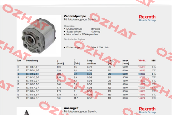 PZ1-B-S-2,1-F obsolete,alternative BR1 (2,00 ccm/U) Rexroth