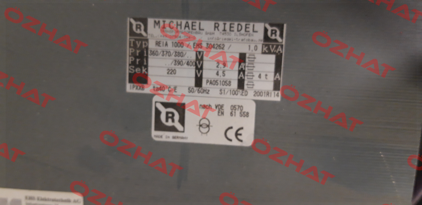 P/N: 0053/00000196 Type: REIA1000 1000VA IP00 Michael Riedel Transformatorenbau