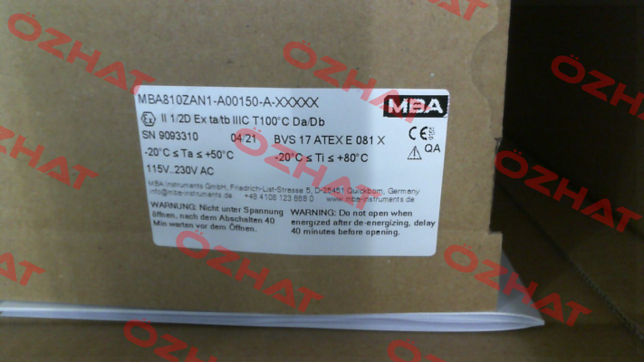 MBA810ZAN1-A00150-A-XXXXX (1213568) MBA Instruments