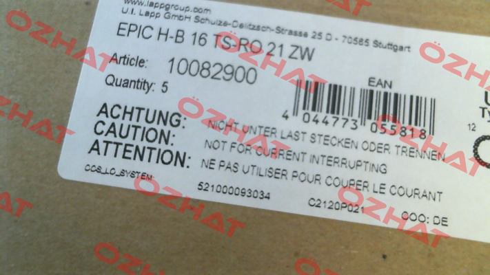 10082900 / EPIC H-B 16 TS-RO 21 ZW (pack x5) Lapp Kabel