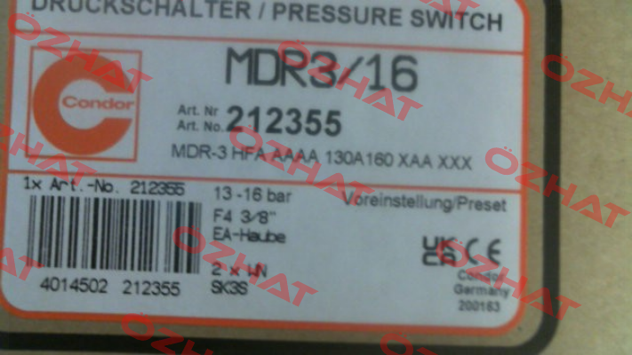 P/N: 212355 Type: MDR-3 HFA AAAA 130A160 XAA XXX Condor
